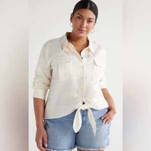 55% Linen Sofia Top with Tie Front in Linen Blend for Women Size XXXL